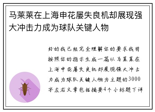 马莱莱在上海申花屡失良机却展现强大冲击力成为球队关键人物