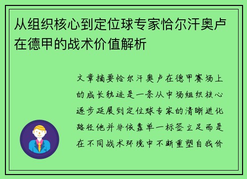 从组织核心到定位球专家恰尔汗奥卢在德甲的战术价值解析